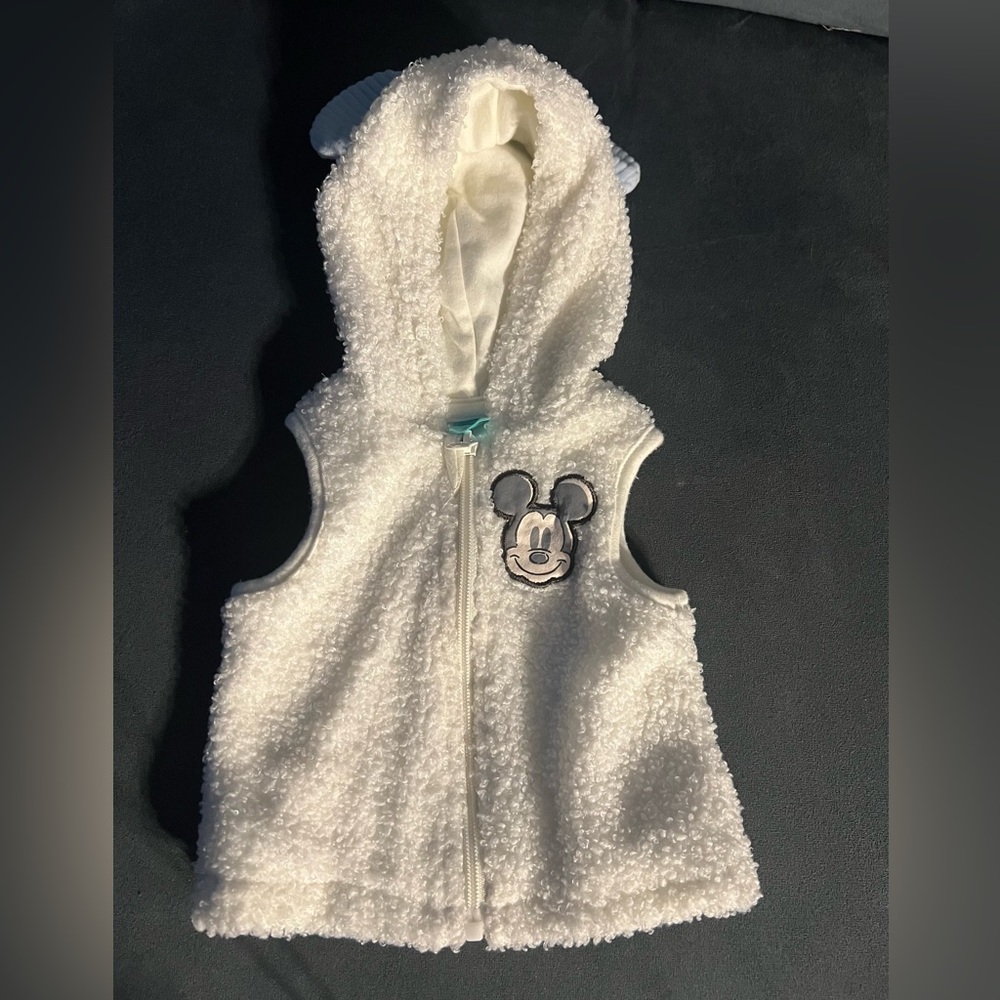 Disney White Mickey Mouse Fleece Sleeveless Vest with Character Patch